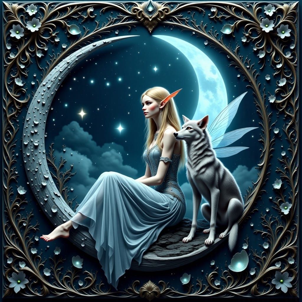 Elven Portrait with Moon and Wolf in Gothic Frame