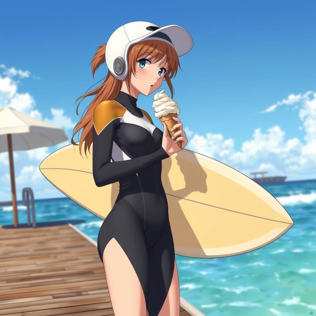 Surfer Girl Enjoys Ice Cream on Pier in Cinematic Anime Styl...
