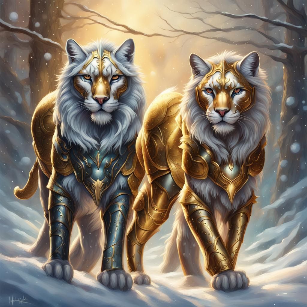 Mystical Armored Cats with Wings in Snowy Forest