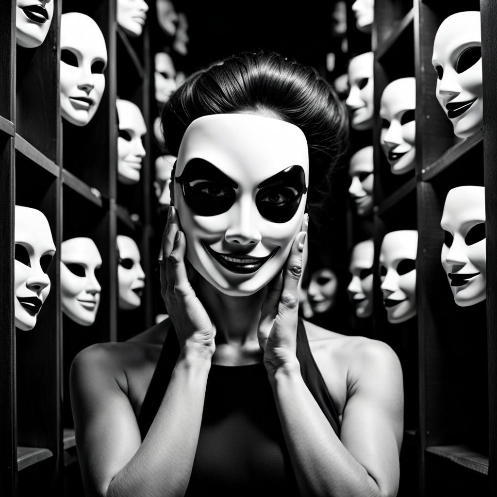 Woman Holding Masks with Varying Expressions