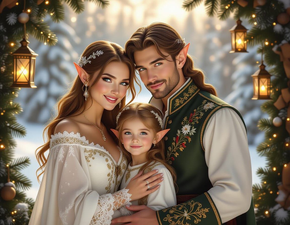 Loving Elf Family in Festive Winter Wonderland