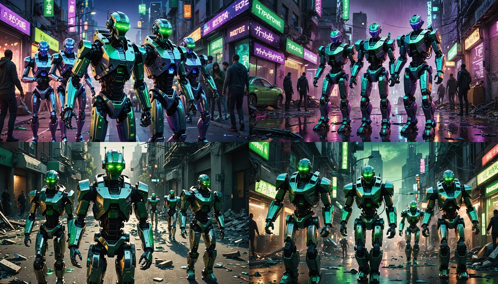 Futuristic Chrome Robots Destroying City in Hyperrealism