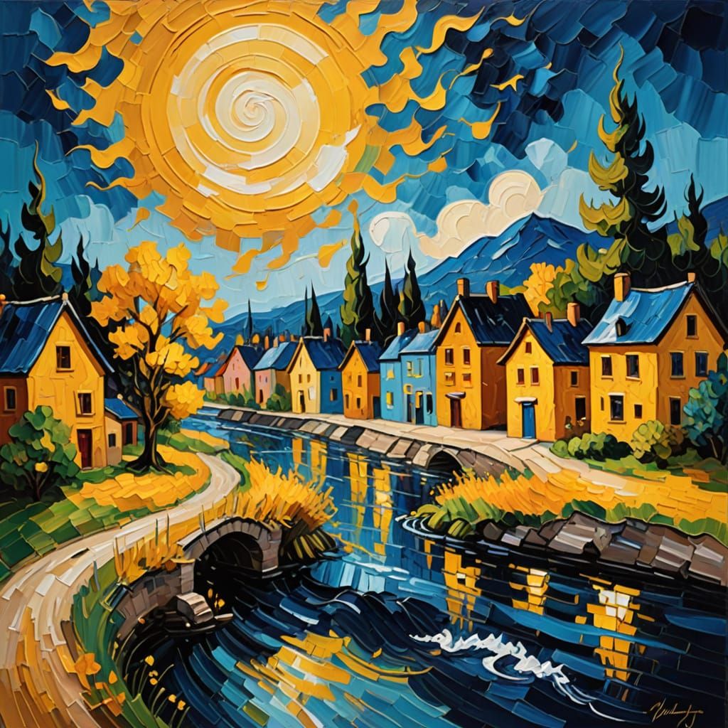 Impressionist Masterpiece: Whimsical River Town in Vibrant Y...