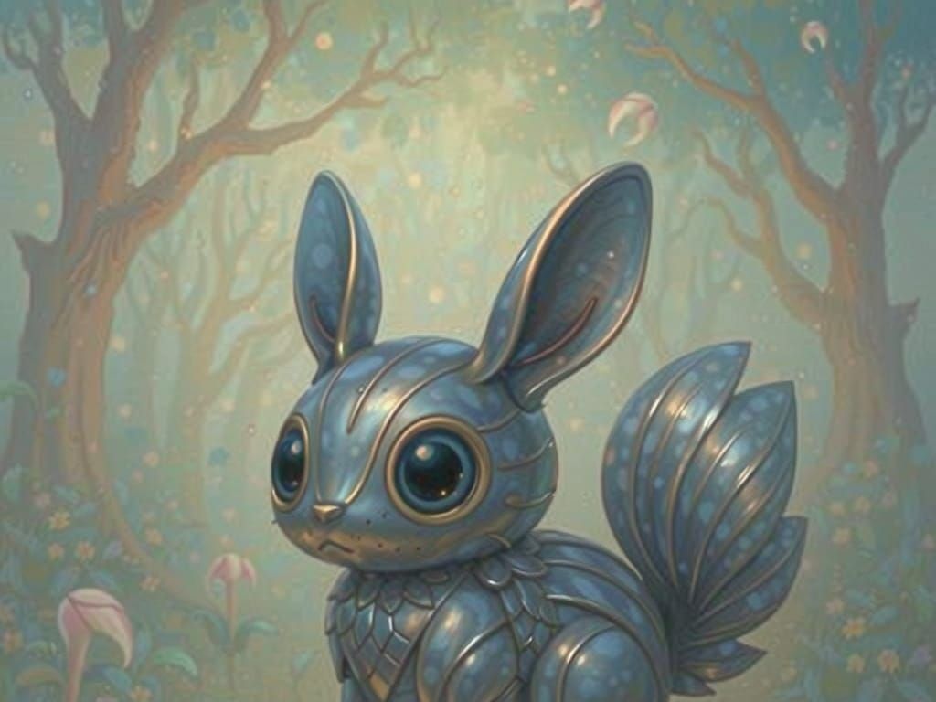 Ethereal Metallic Fox-Hummingbird in Bioluminescent Forest