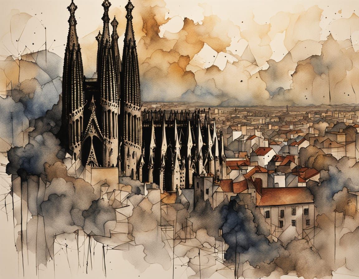 Gothic Sagrada Familia in Turbulent Ink-Stained Sky, Express...