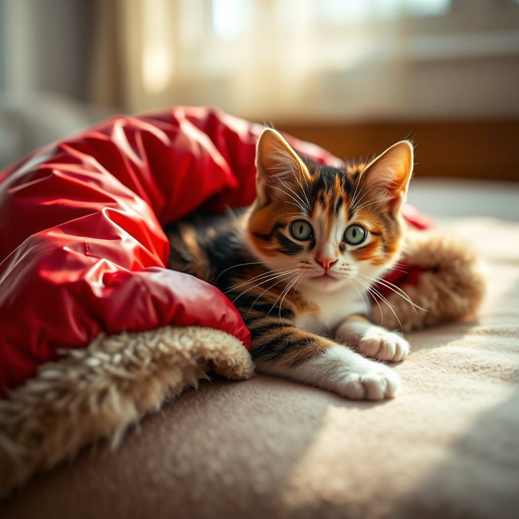 Cozy Calico Kitten in Red Puffy Coat