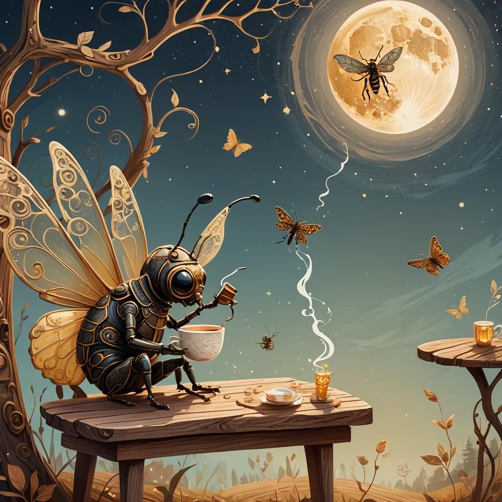 Abstract Insect Sipping Tea Under Moonlit Sky