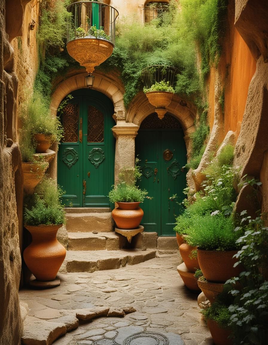 Mystical Mediterranean Alleyway with Golden Stone Walls