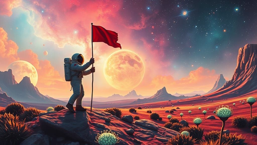 Astronaut Plants Flag on Alien World in 1950s Sci-Fi Style