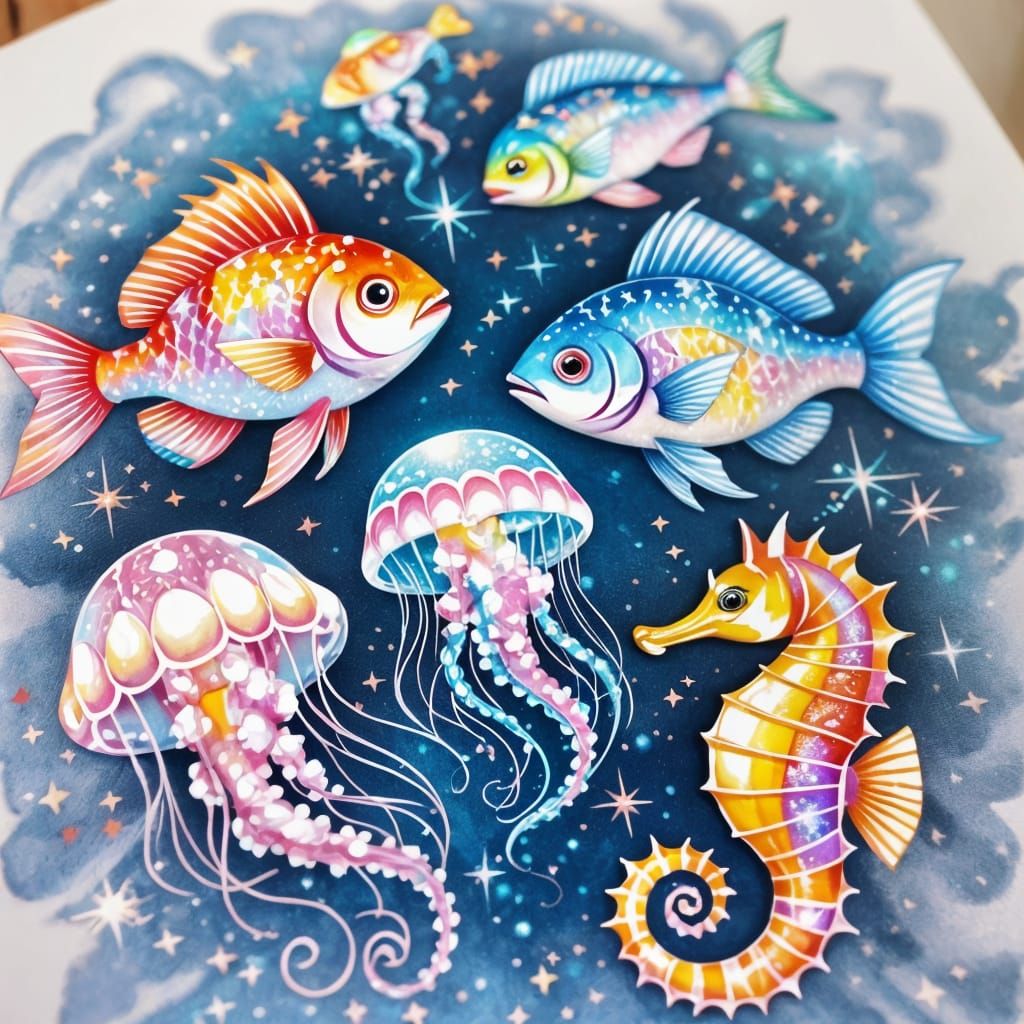 Sparkling Marine Life Tattoo Flash Sheet