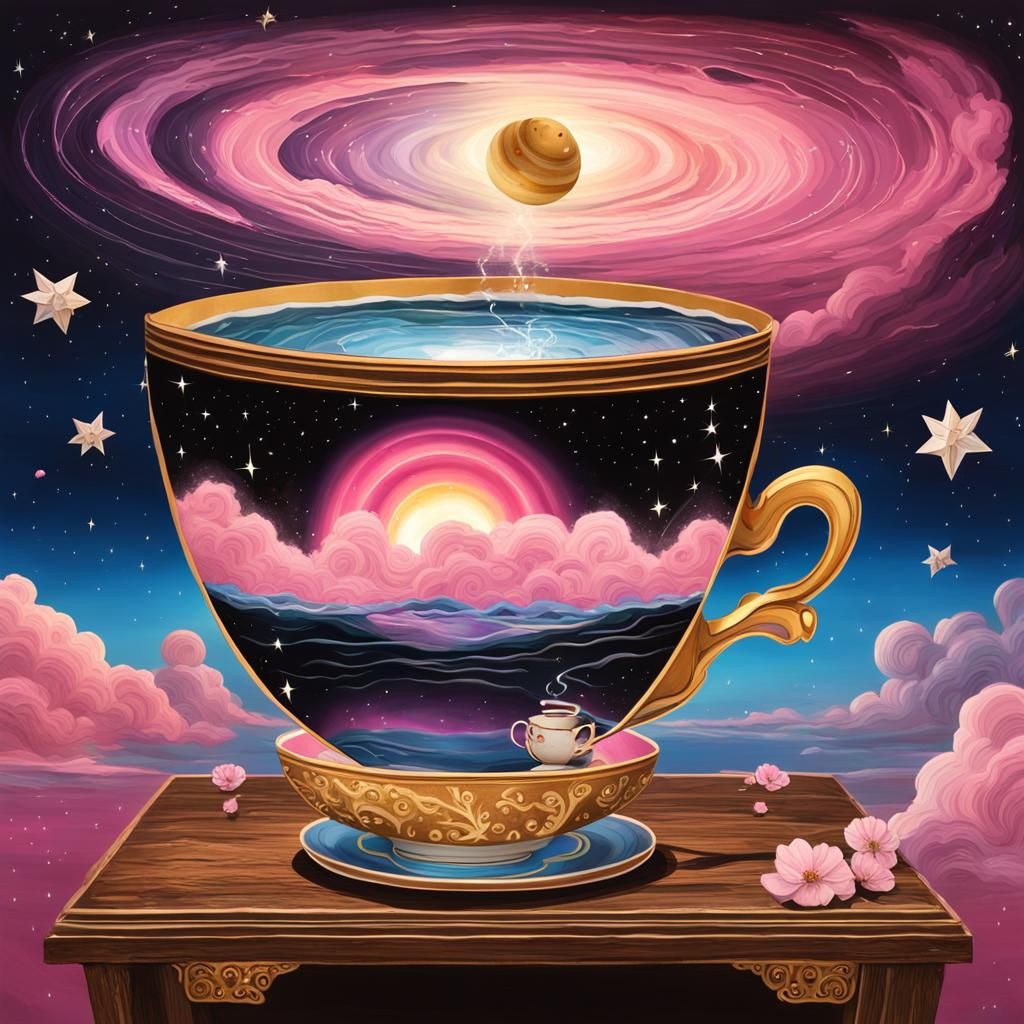 Surreal Sandstorm Teacup with Saturn and Cosmos