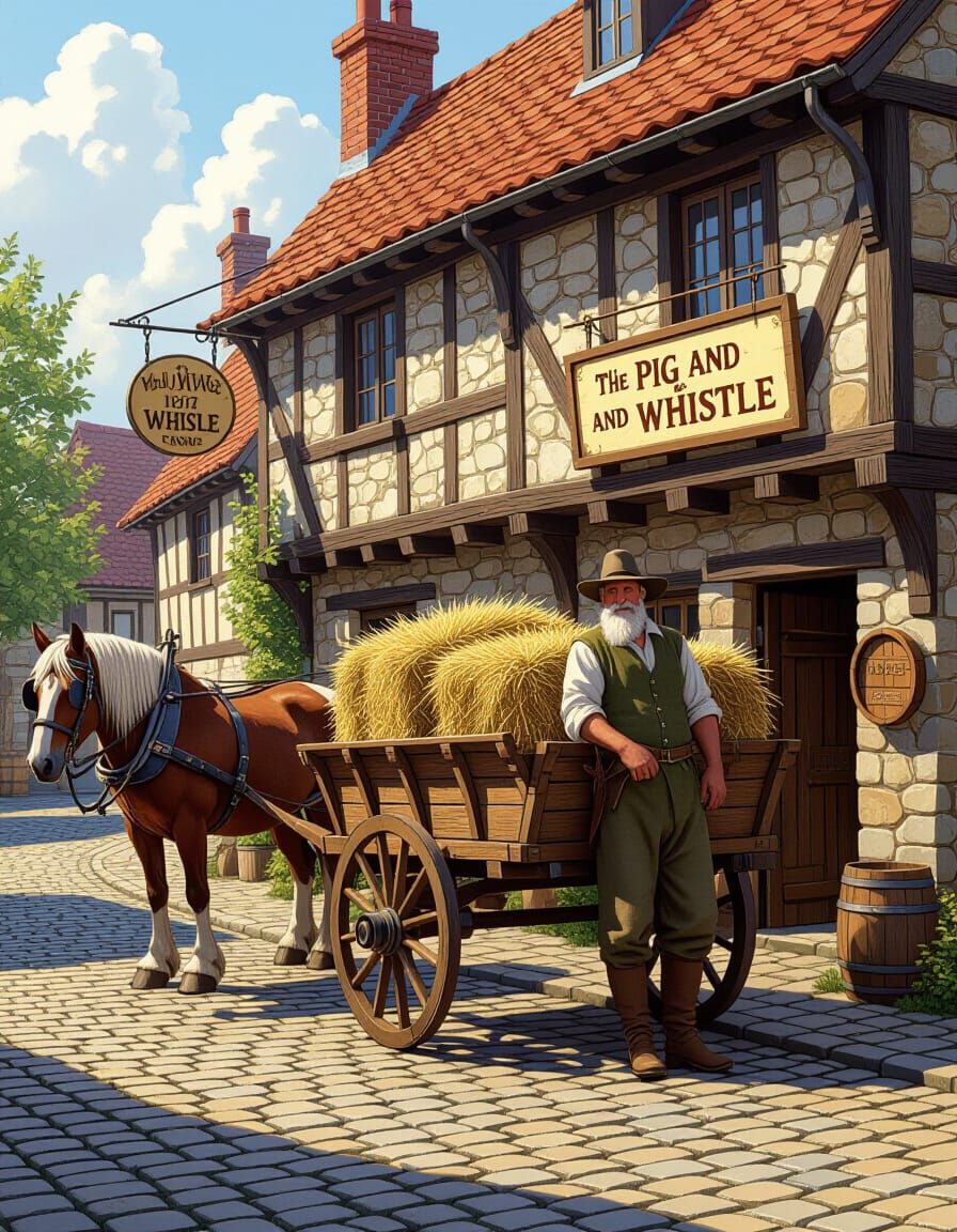 Medieval Farmer and Horse at Tavern, Photorealistic