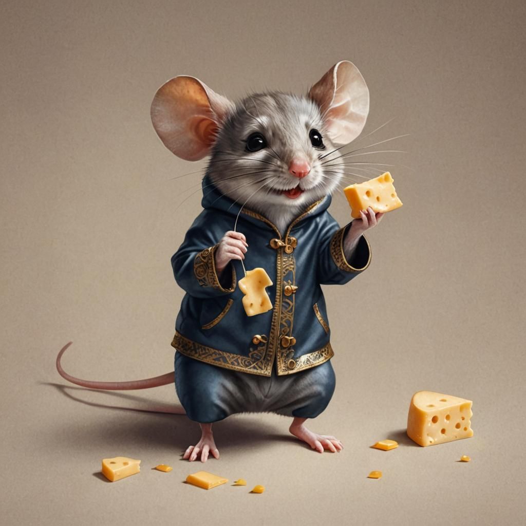 Adorable Mouse in Clothes Enjoys Cheese
