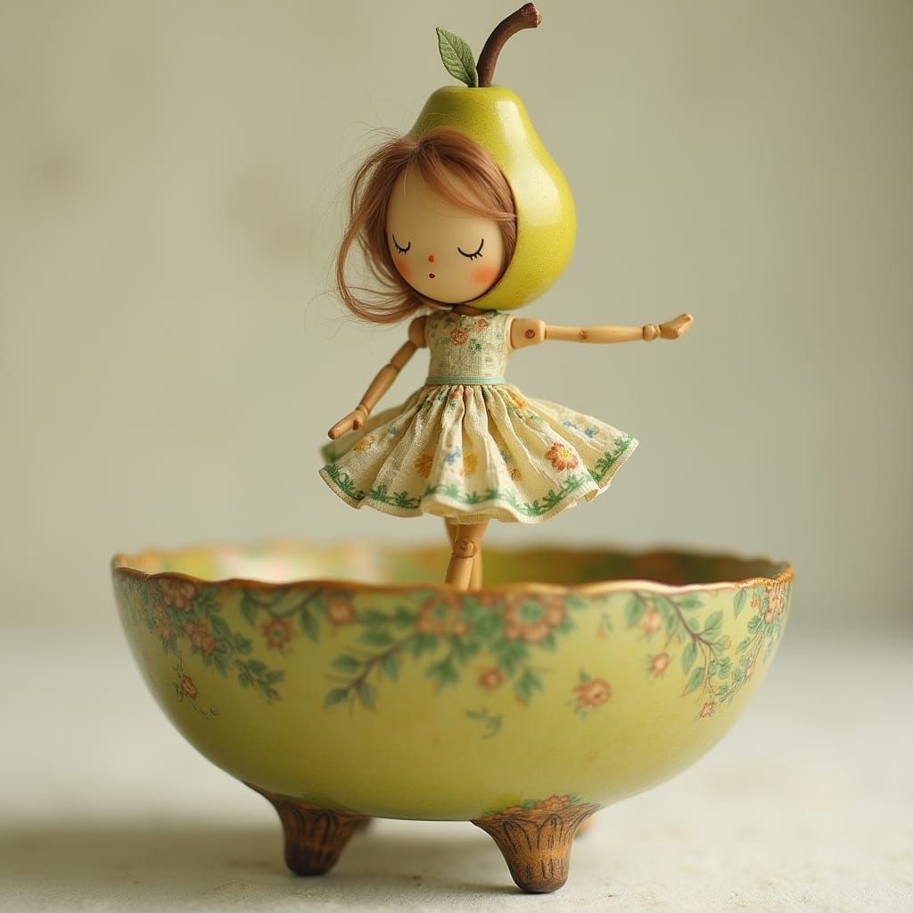 Whimsical Wooden Doll Leaps into Vintage Pear Bowl