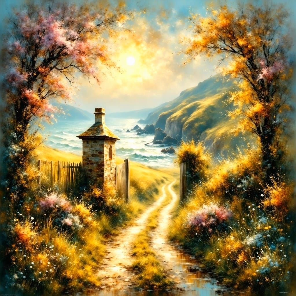 Romantic Coastal Cottage Landscape in Golden Hour