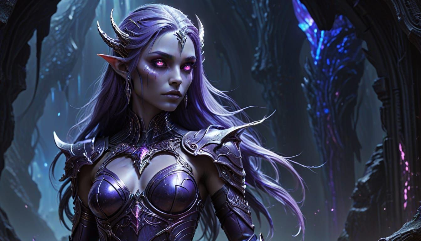 Majestic Dark Elf Warrior in Iridescent Violet Armor