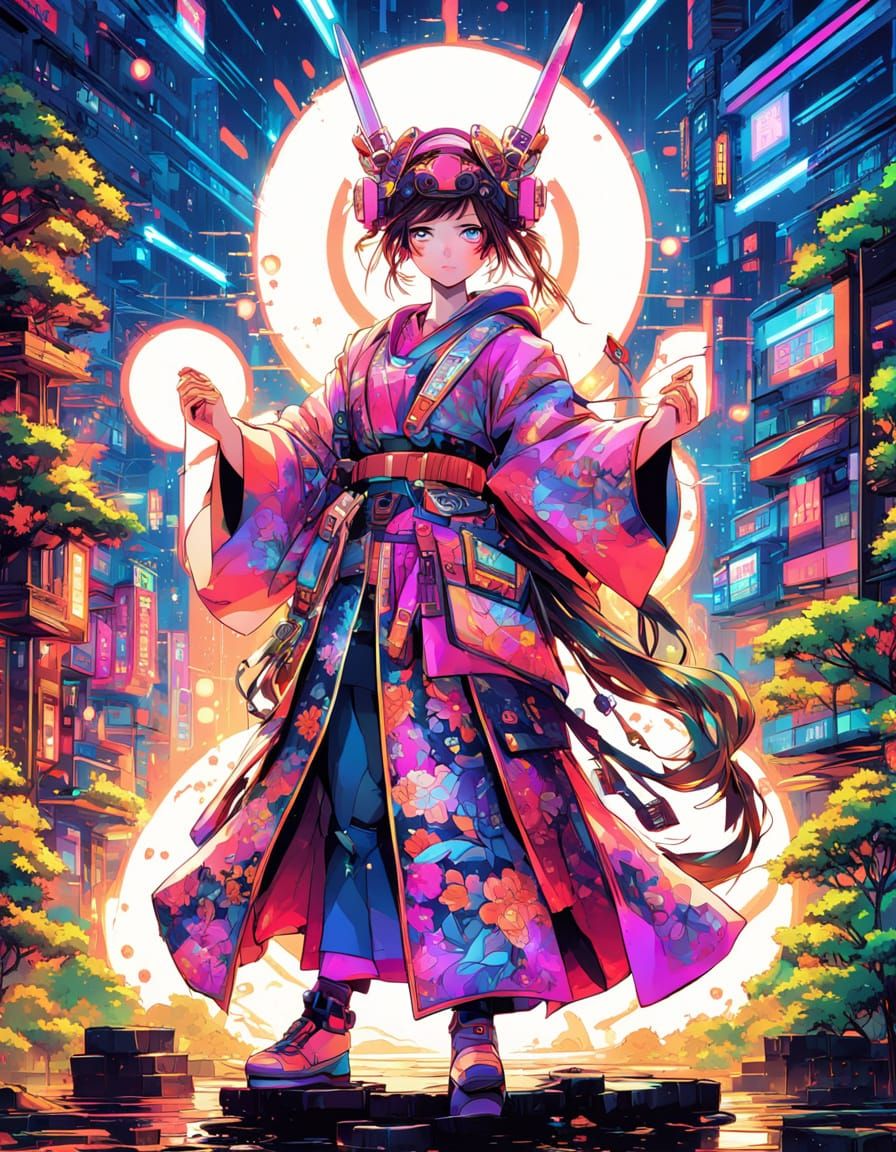 Cyberpunk Samurai Robot Goddess in Vibrant Neon City