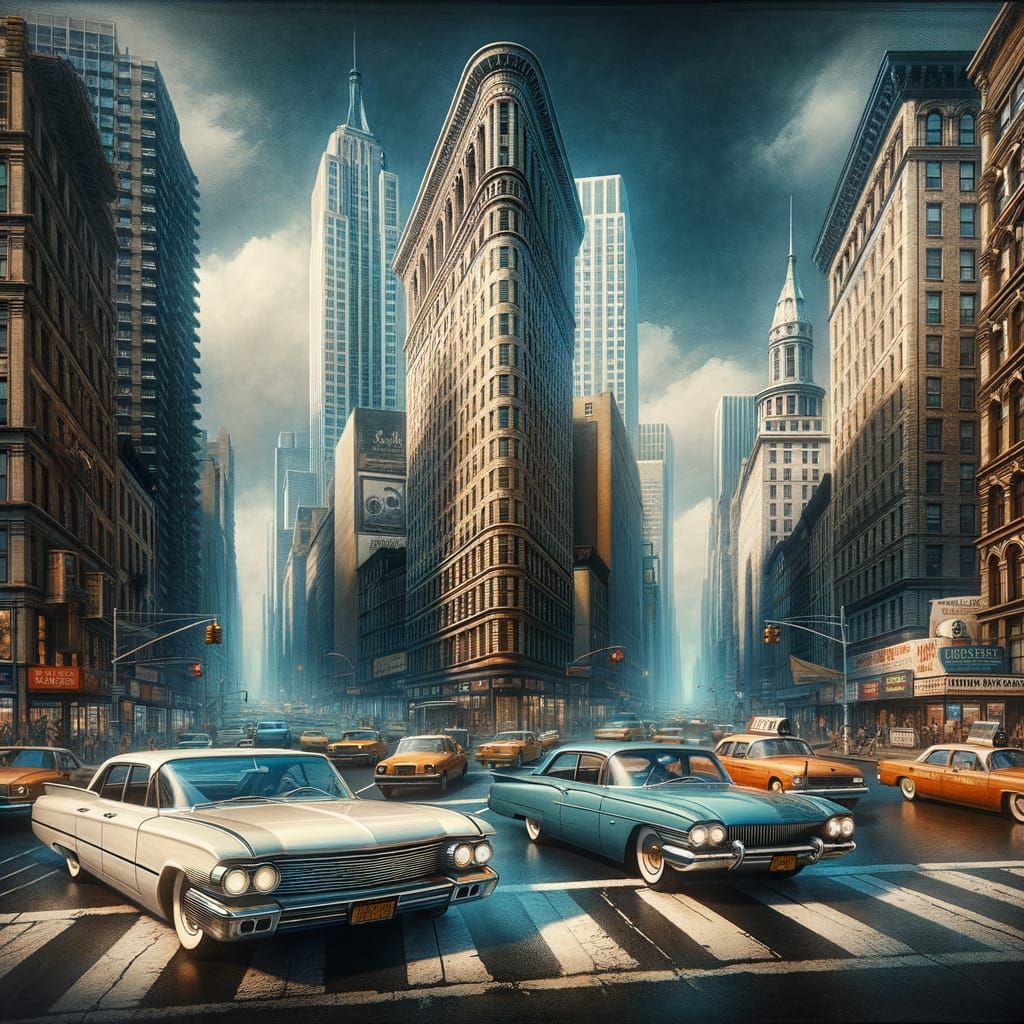 Classic Cars in NYC Rush Hour: Hyperrealistic Scene