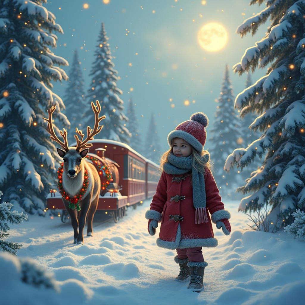 Little Girl Admires Christmas Magic Amidst Snowy Wonderland