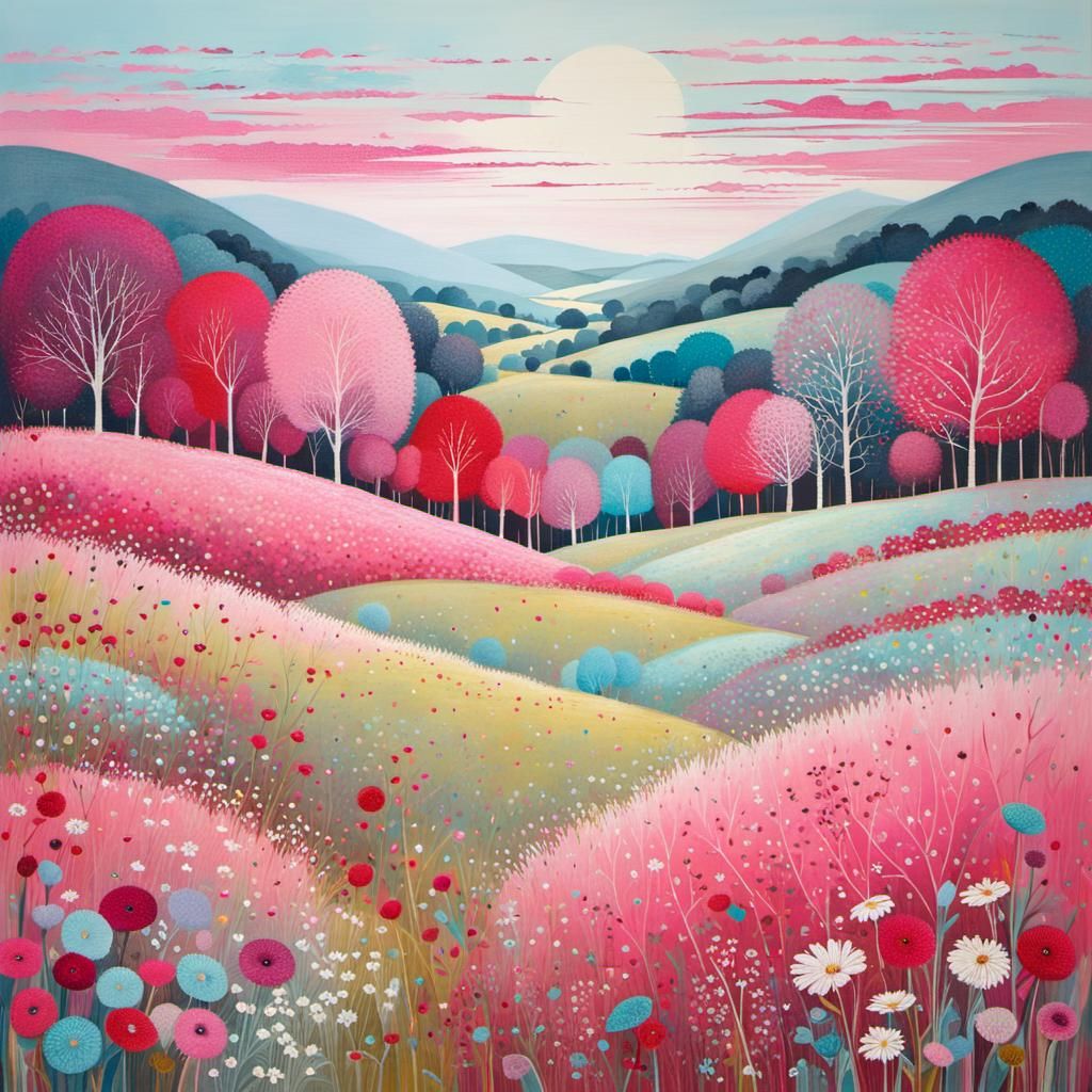 Pink Meadow Landscape in Watercolor Style