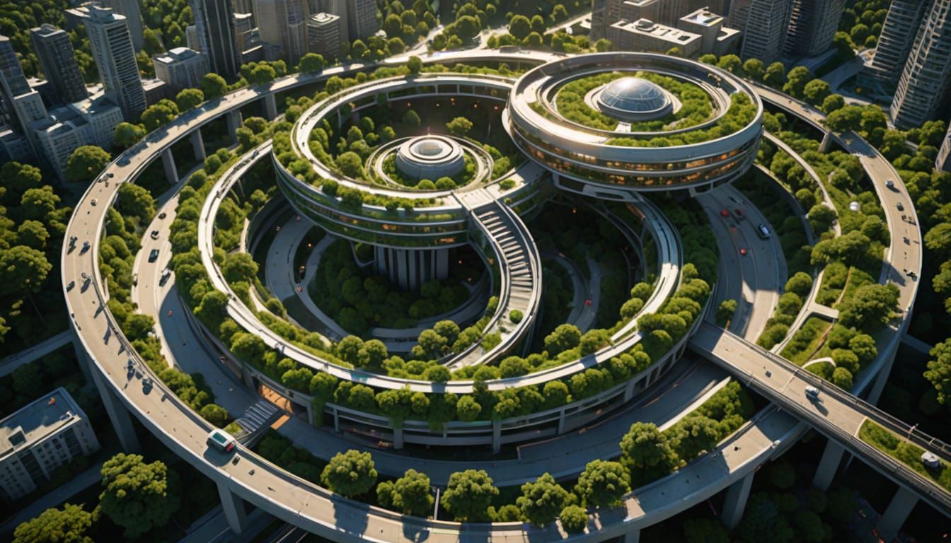 Futuristic Cityscape: Spiraling Sun-Wheels and Greenery