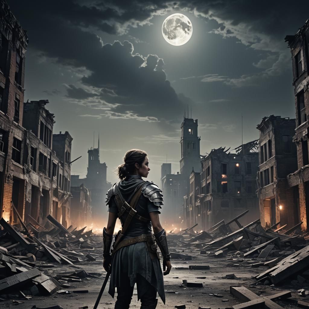 Dystopian Woman Warrior in Ruined Cityscape