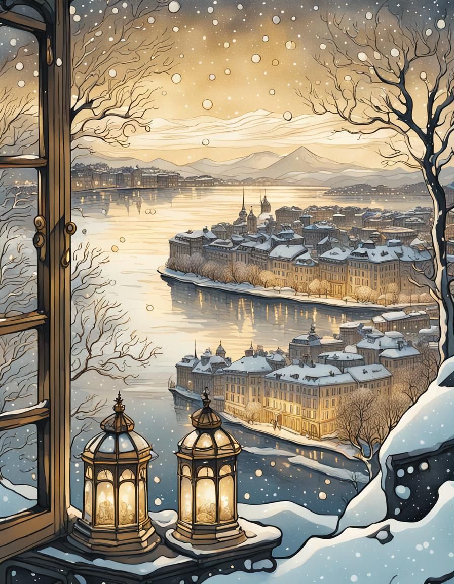 Whimsical Snowy Geneva at Golden Hour