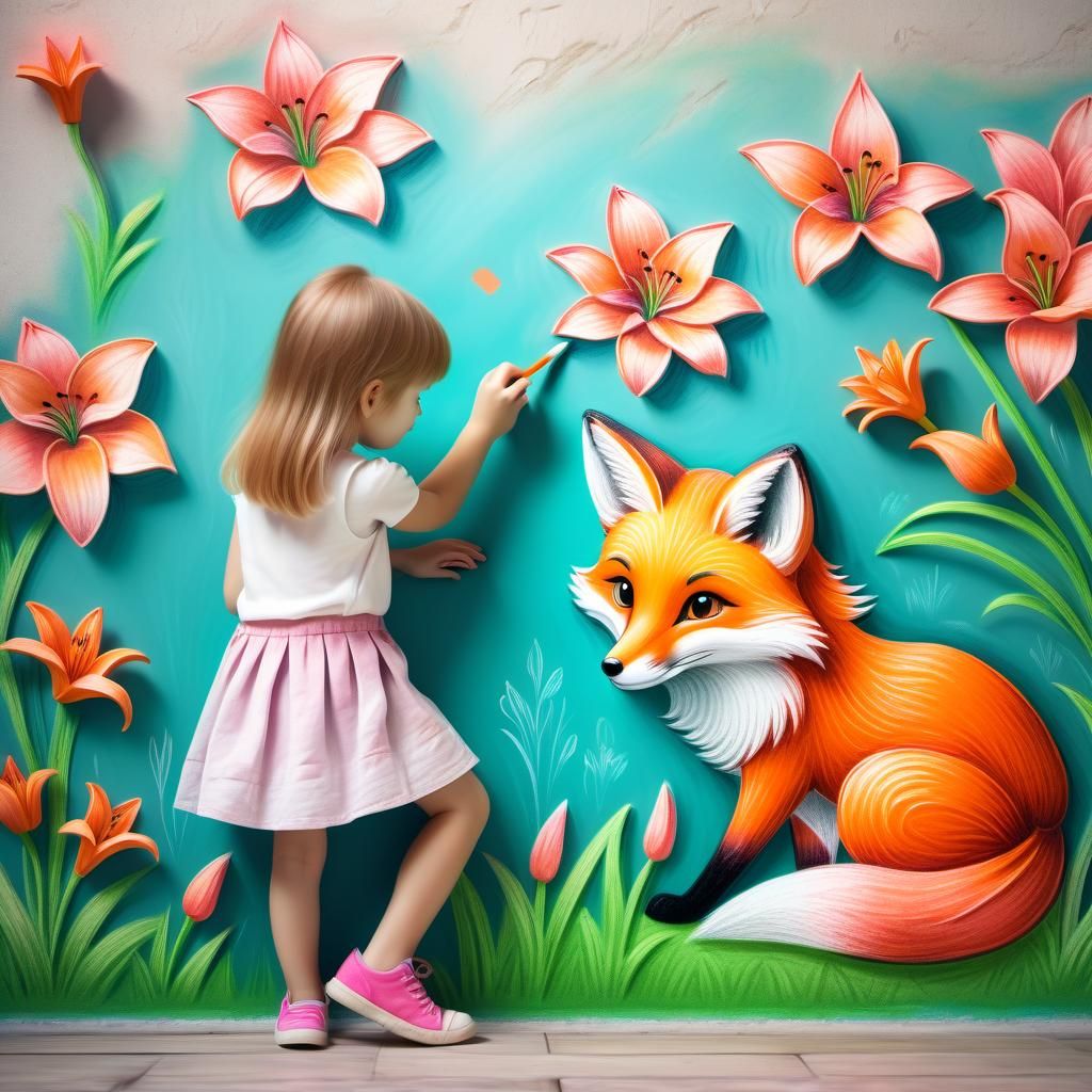 Girl Draws Fox with Chalk, 3D Rendered Digital Art