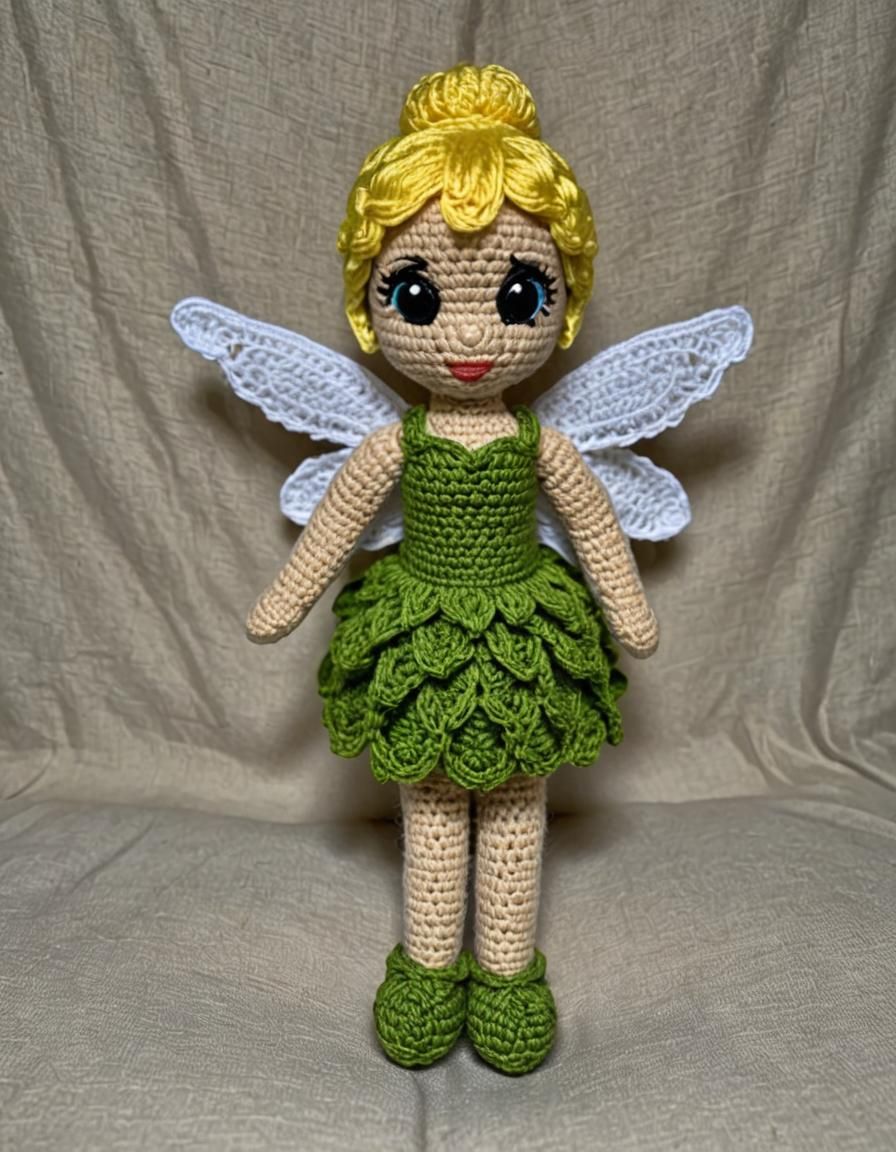 Whimsical Crocheted Doll Sits on Cozy Bed