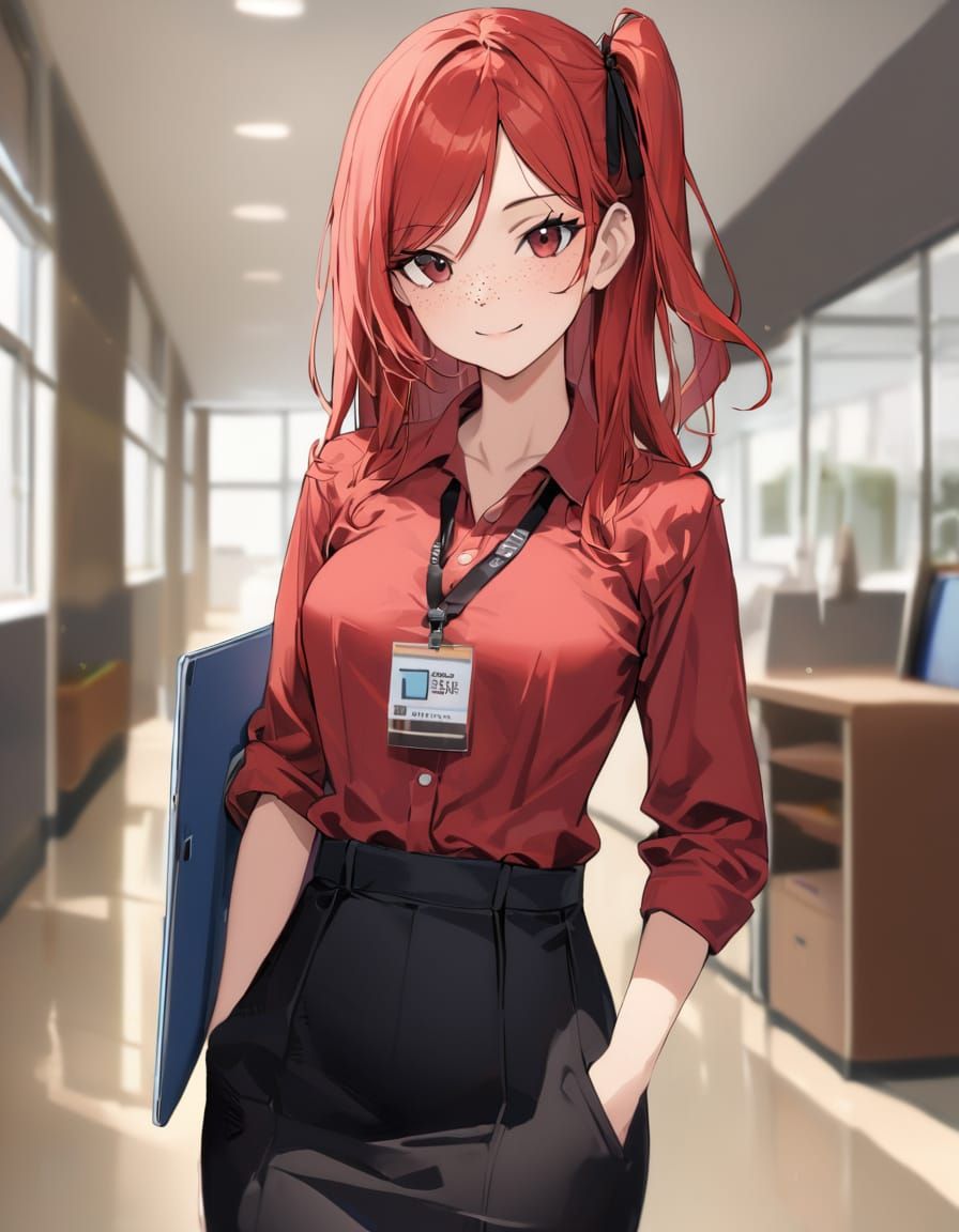 Red-Haired Woman in Office Attire with Laptop