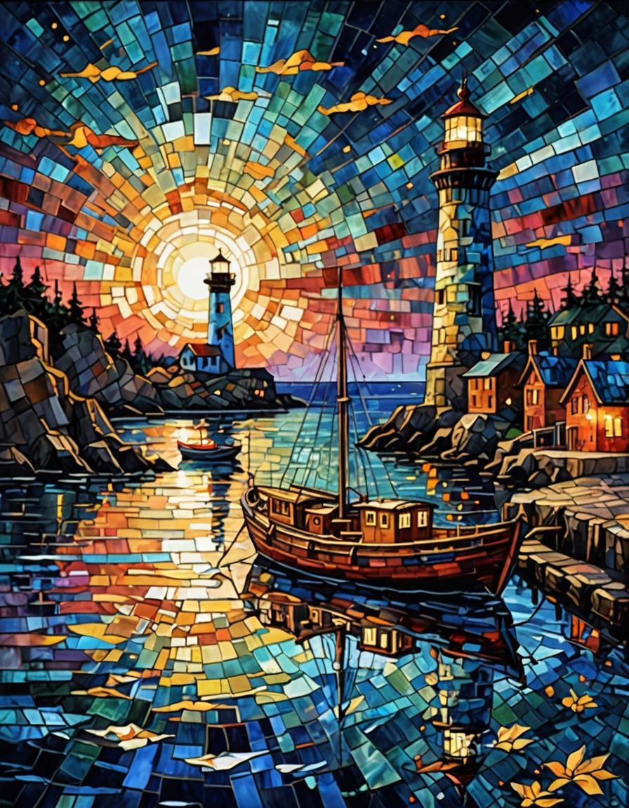 Stained glass mosaic art:: Exquisite impasto style painting:...