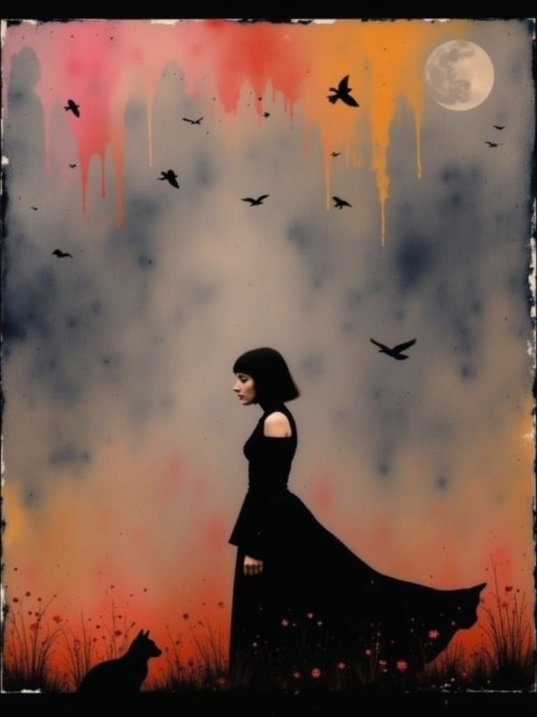 Goth Witch with Cat and Ravens, Watercolor Style