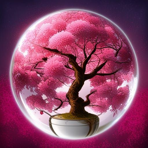 Cherry Blossom Tree in Glass Sphere with Nebula Background