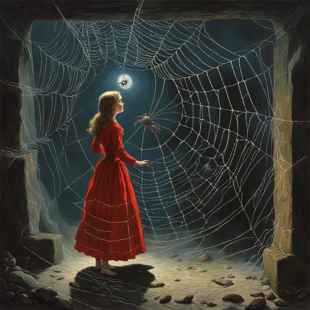 Girl in Spiderweb Horror, Intense Lighting