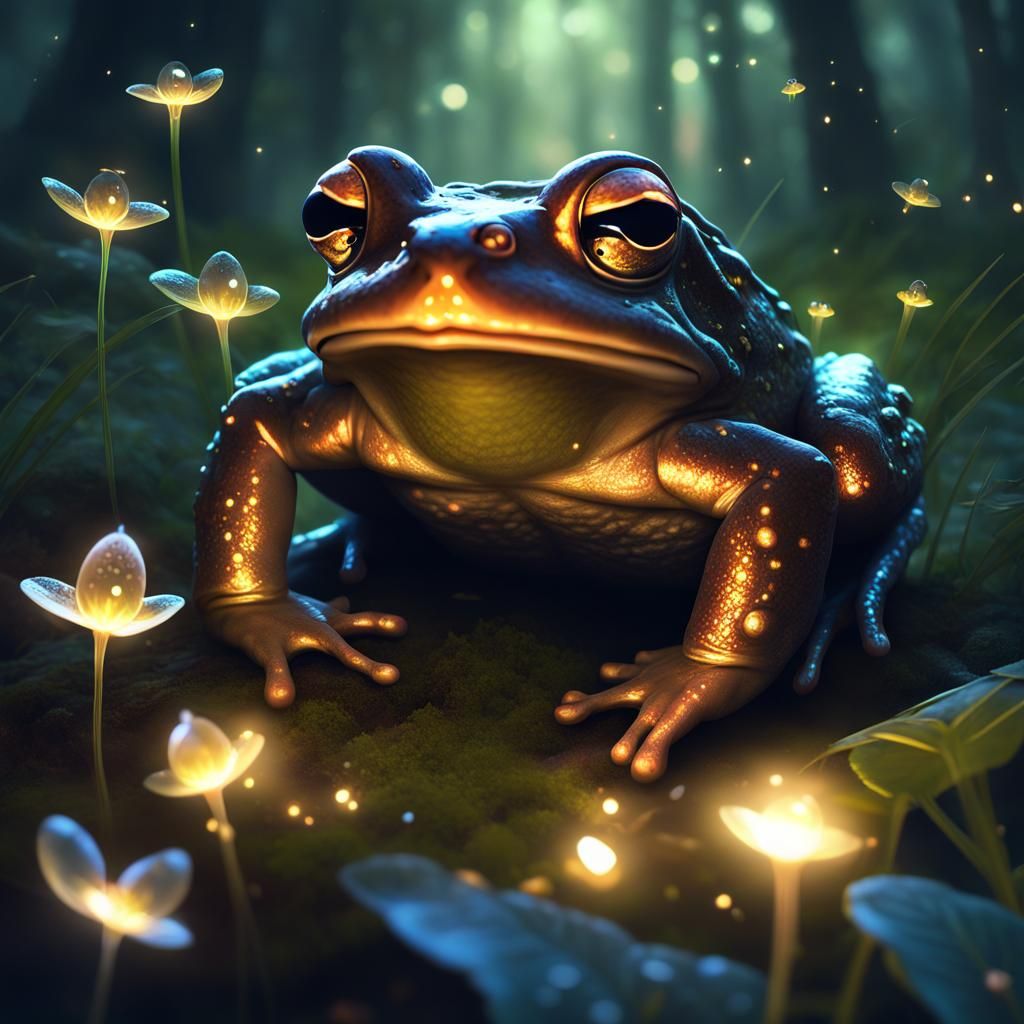 Glowing Toad Portrait in Forest, Hyperdetailed Art