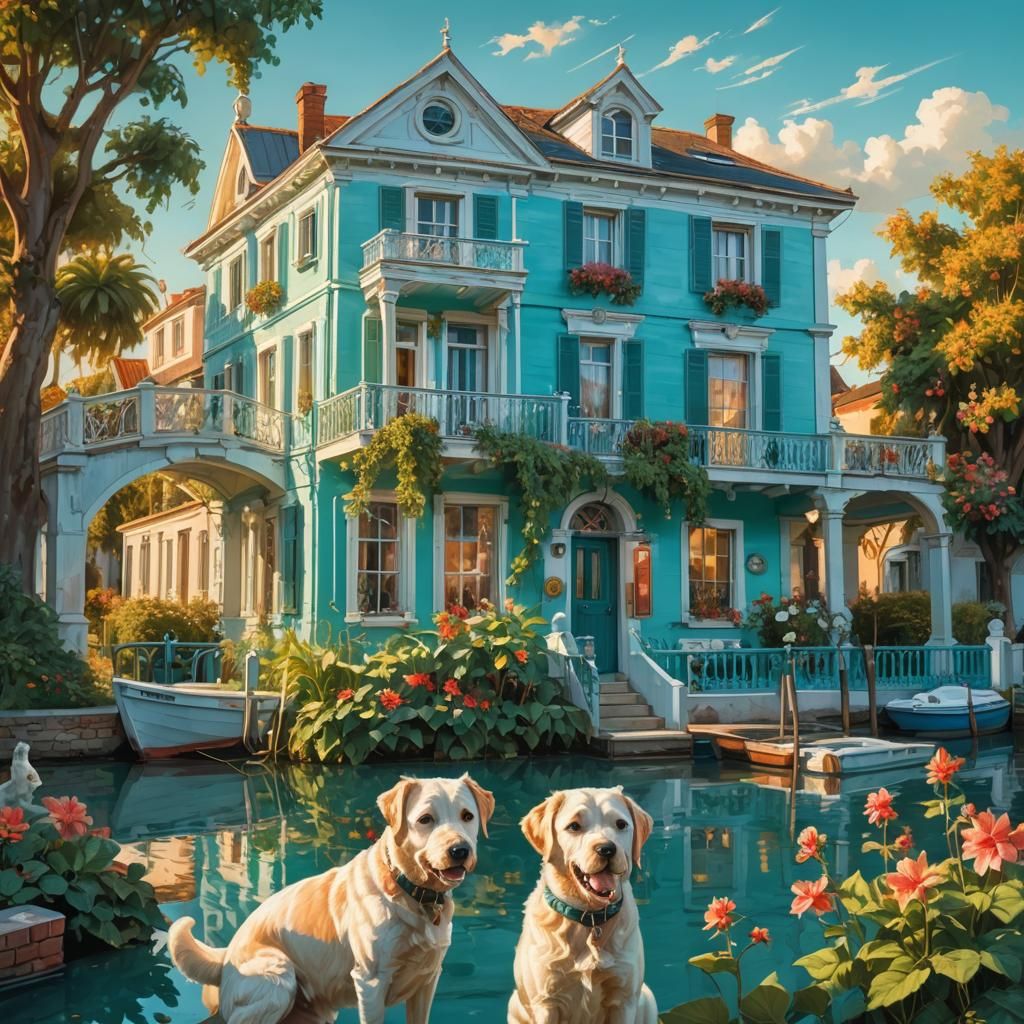 Turquoise House with Canal: Dreamlike Digital Painting