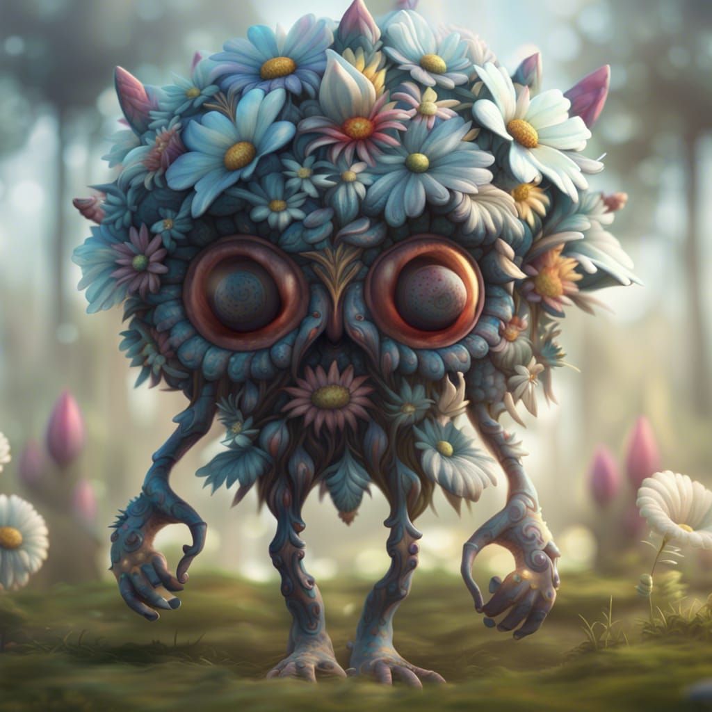 cute fantasy flower monster with large eyes full body extrem...