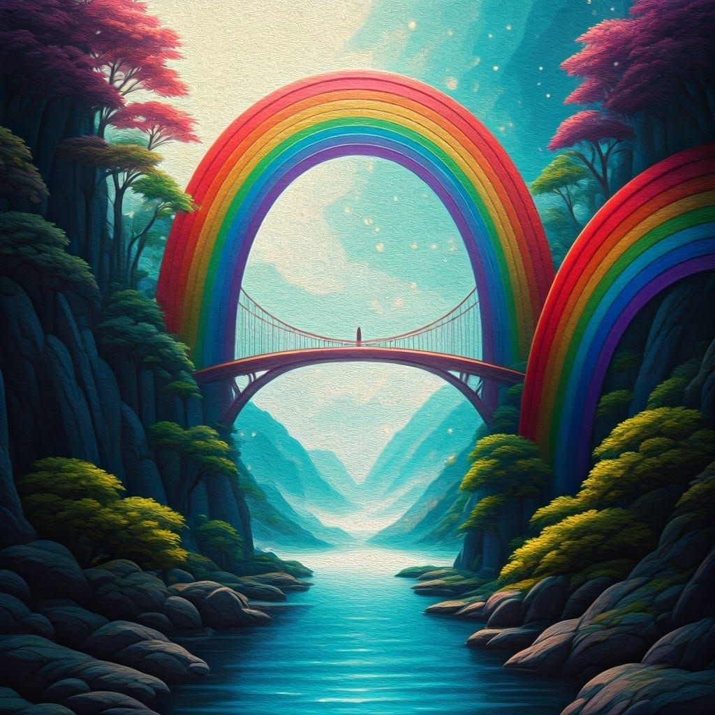 Rainbow Bridge Over Misty Valley: Dreamlike Oil Painting