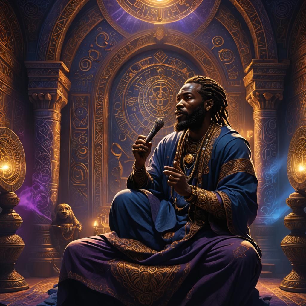 African Man with Mystical Symbols in Ornate Chamber