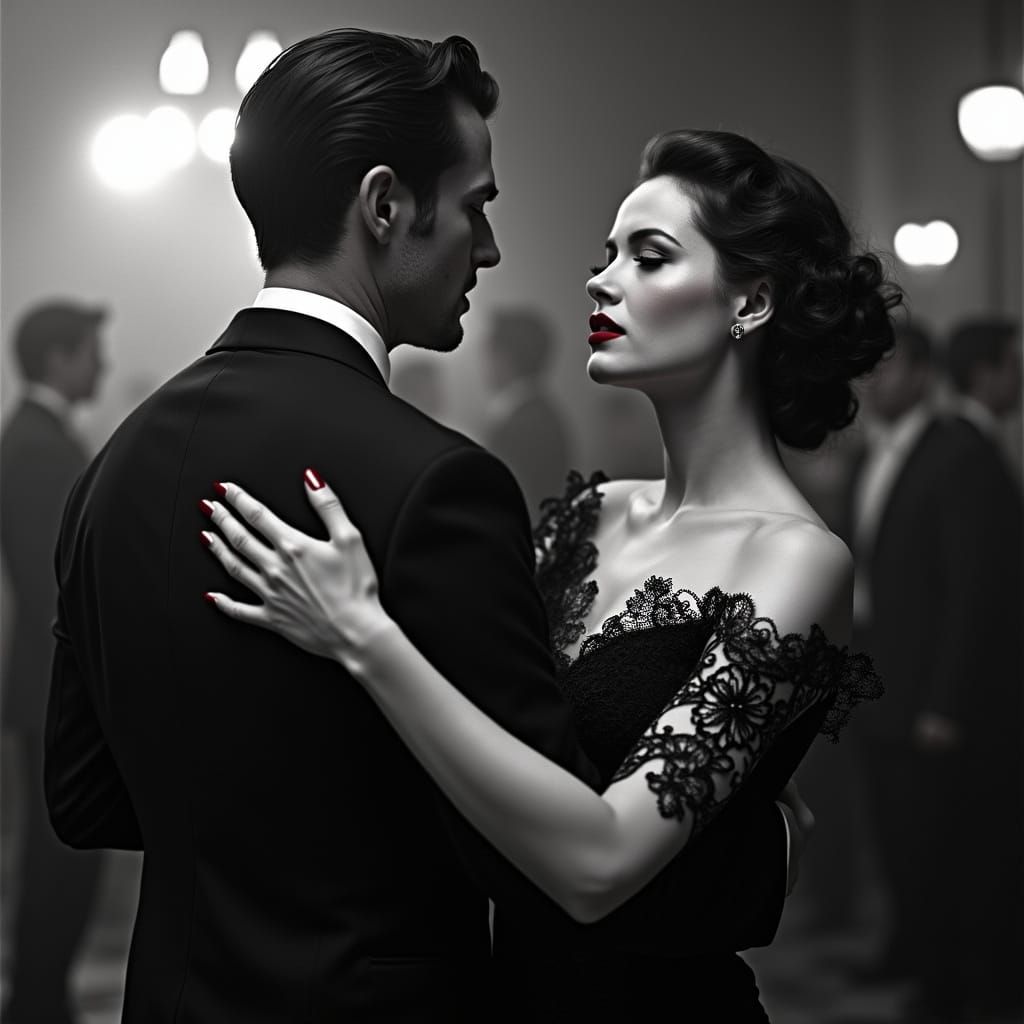 Film Noir: Couple Dancing in Smoky Ballroom