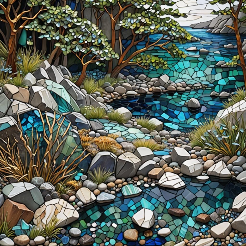 Stained Glass Mosaic of a Wild Sea Cove
