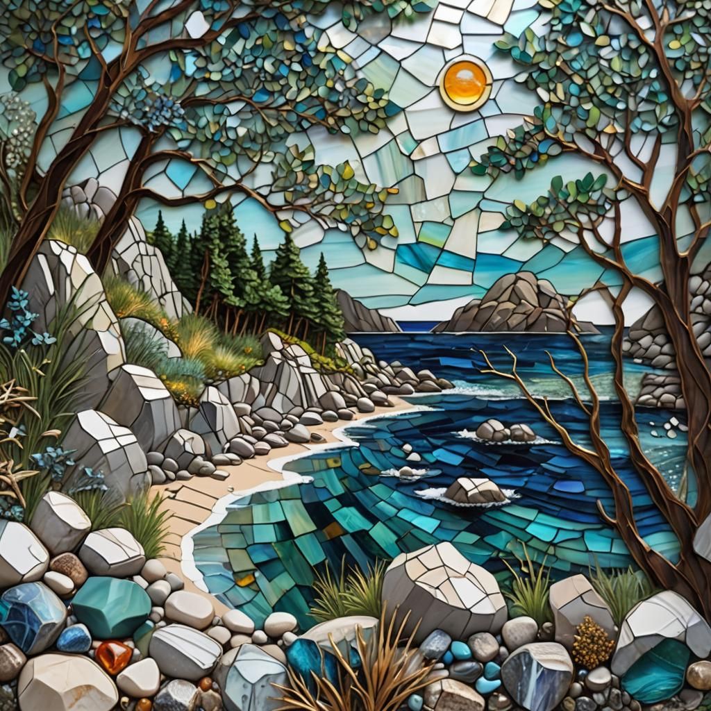 Stained Glass Mosaic of a Wild Sea Cove