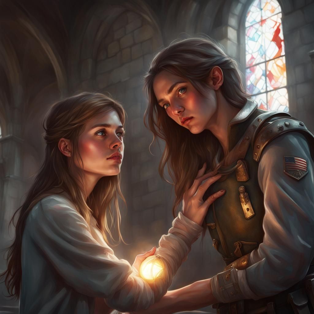 Girl Heals Soldier with Light: Digital Art Portrait