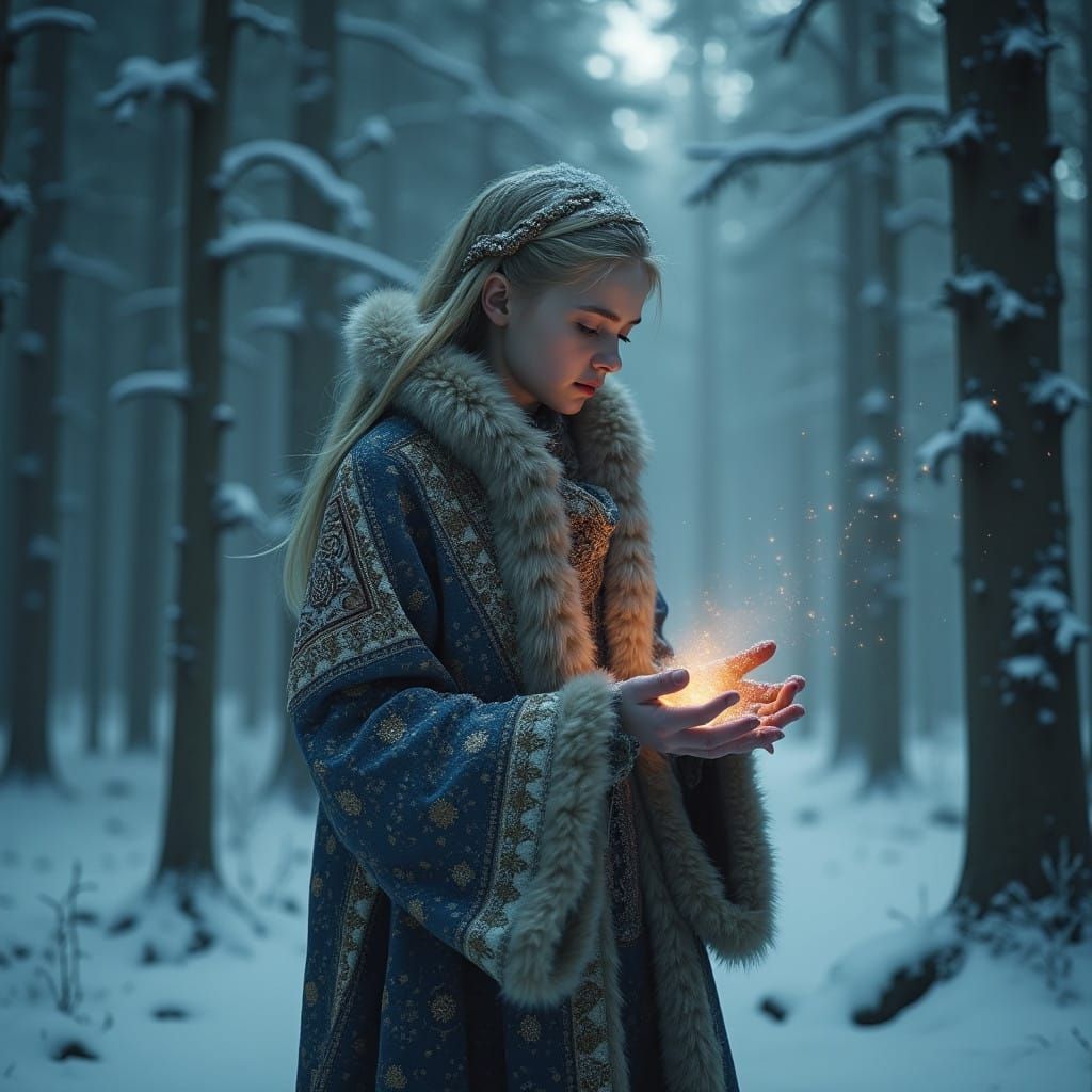 Mystical Nordic Goddess in Snowy Forest