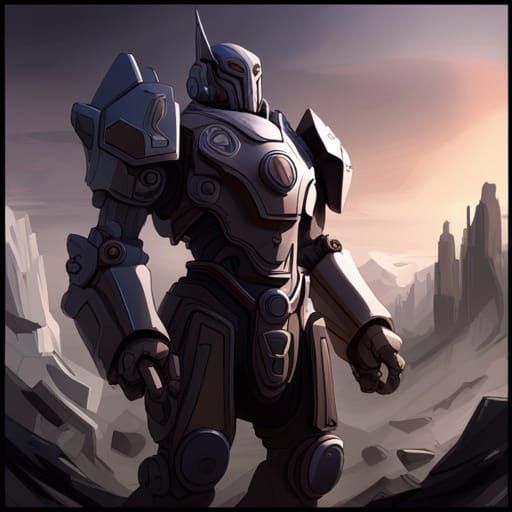 Humanoid Mech in Blue Robes, Sci-Fi Art