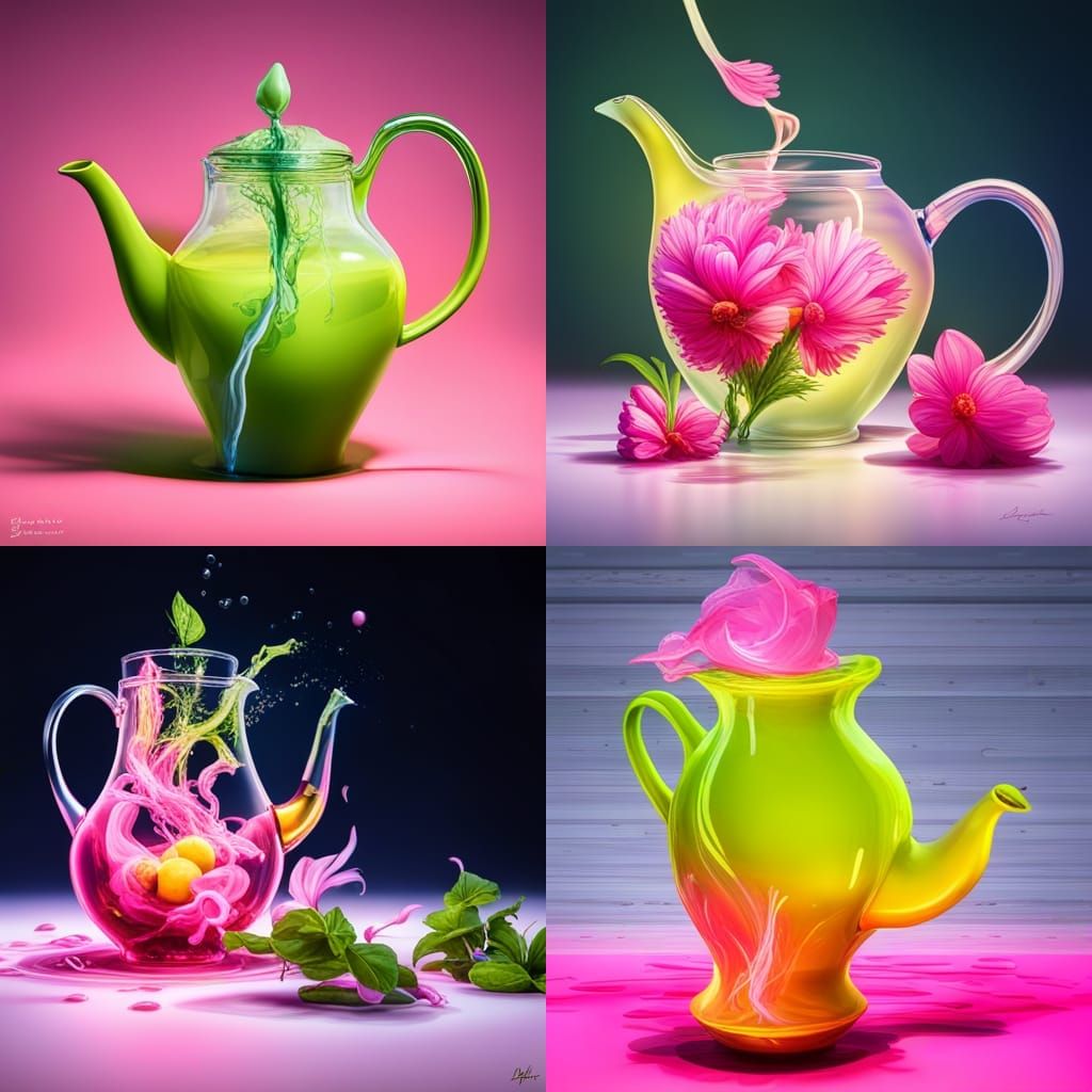 Neon Goo Flowing from Pink Teapot: 3D Render