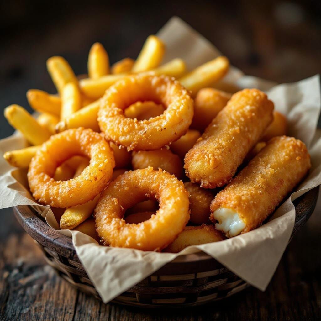Crispy Deep-Fried Favorites in Dramatic Light