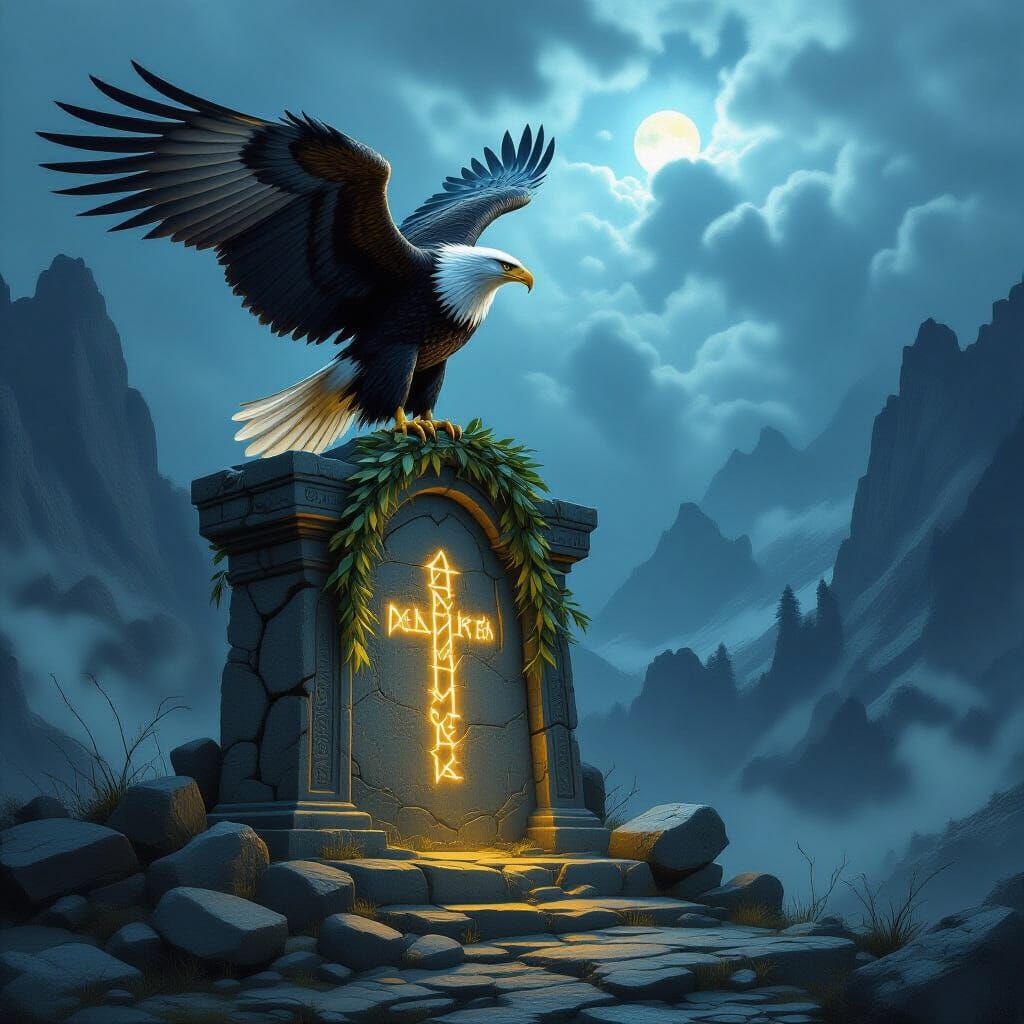 Majestic Eagle on Altar Overlooking Stormy Mountains