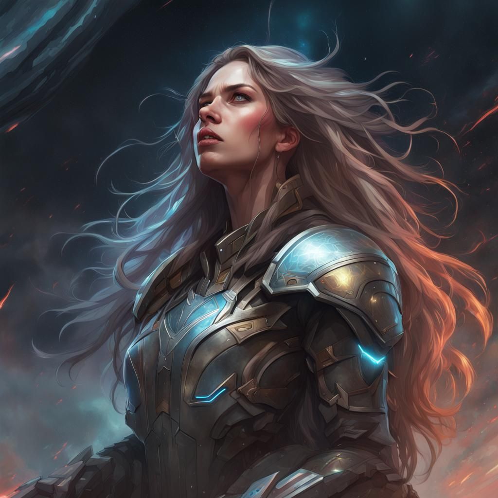 Armored Woman's Galactic Scream: Digital Art Portrait
