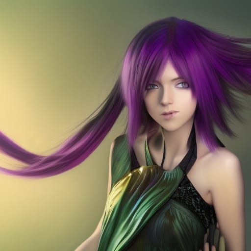 Anime Catgirl with Purple Hair and Green Eyes